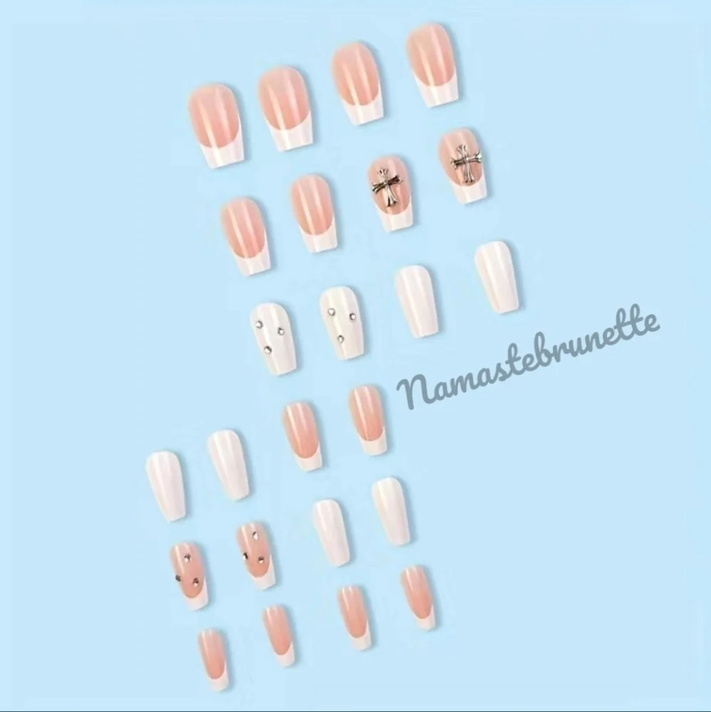 2/$16 Rhinestone Cross French Manicure Press On Nails